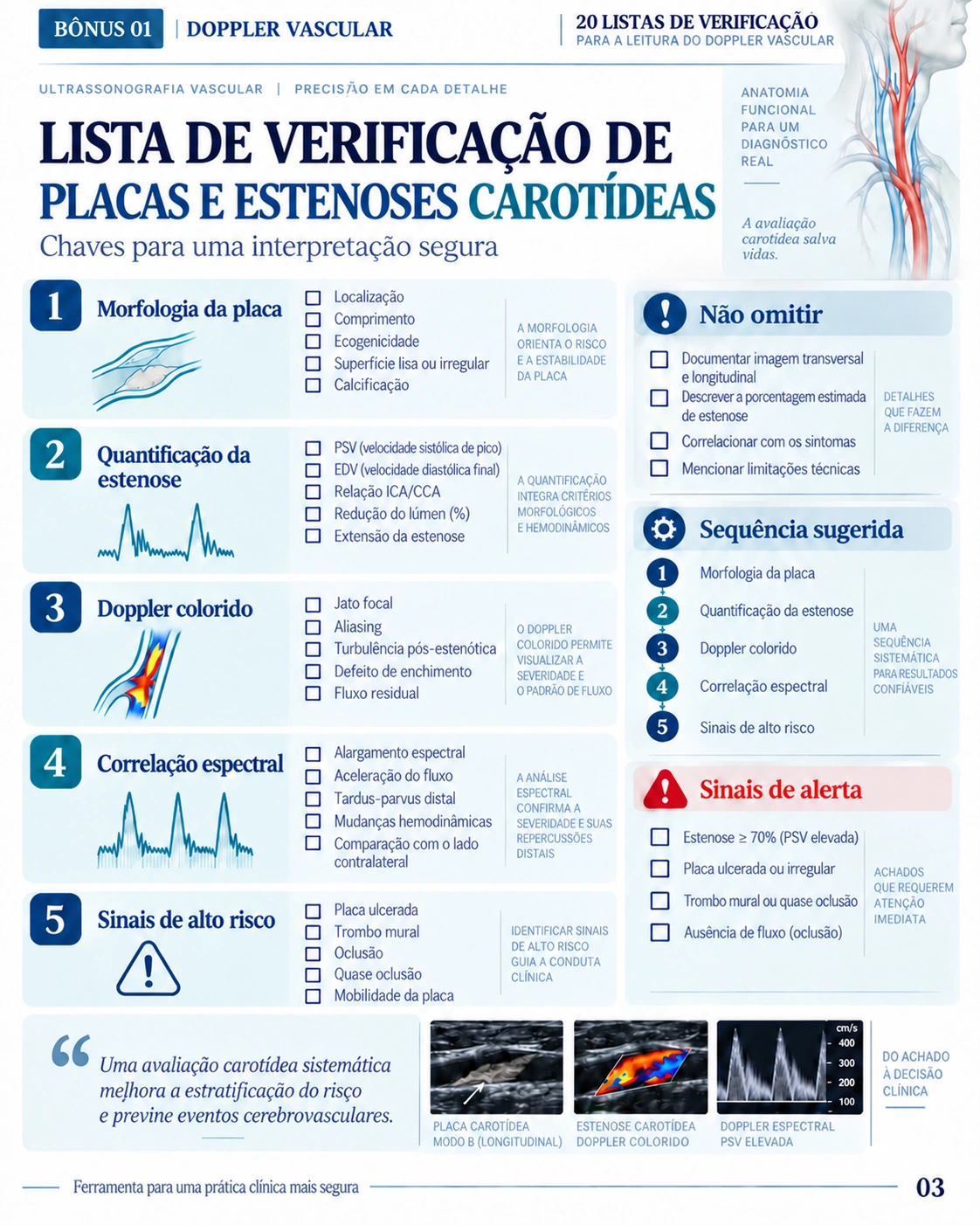 Página 3: Lista de verificação: carótidas. Amostra do material digital de Doppler vascular.